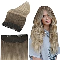 Full Shine Ombre Brown Wire Hair Extensions Real Human Hair Ash Brown To Blonde Highlight Blonde Fish Line Extensions For Women 80G Invisible Hairpiece Extensions Adjustable Fish Line 14 Inch