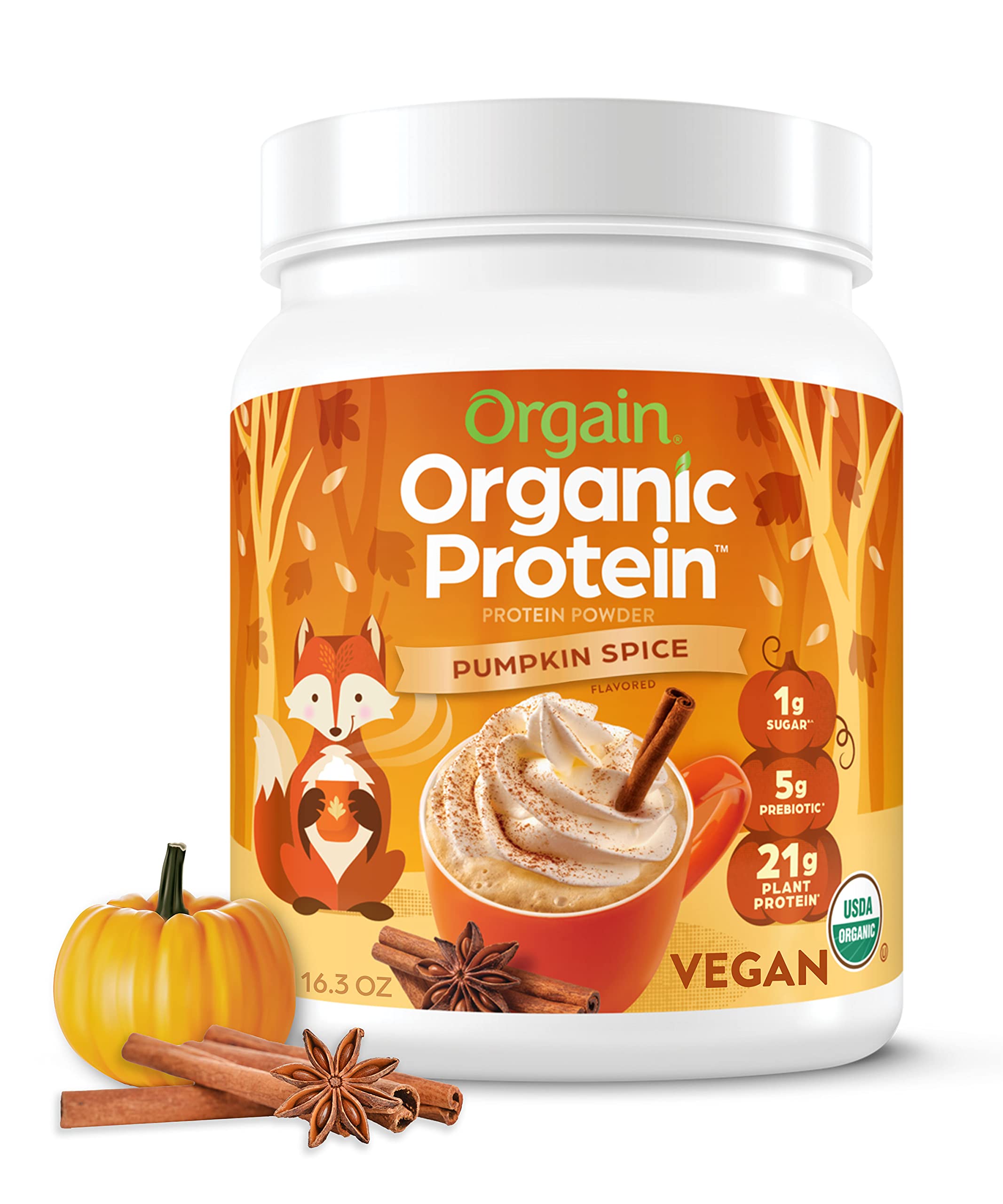 Orgain Organic Vegan Protein Powder, Pumpkin Spice - 21g Plant Based Protein, Gluten Free, Dairy Free, Lactose Free, Soy Free, No Sugar Added, Kosher, For Smoothies & Shakes - 1.02lb