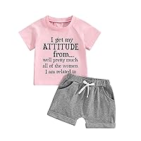 VISGOGO Toddler Baby Girl Summer Clothes Short Sleeve Letter Print Shirt Tops + Solid Color Shorts 2Pcs Outfits Sets