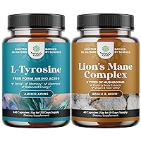 Bundle of Free Form L Tyrosine 500mg Capsules for Energy and Focus Support - for Focus Attention and Cognition and Advanced Lion's Mane Mushroom Supplement Brain Booster Nootropic Supplement