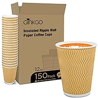 Ginkgo 12oz Coffee Cups 150 Count, Insulated Disposable Paper Cups Ripple Wall Hot Coffee Cups for Hot or Cold Drinks