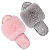 LongBay Set of 2 Pairs-US Size 7-8 Women's Fuzzy Faux Fur Memory Foam Cozy Flat Spa Slide Slippers Comfy Open Toe Slip On House Shoes Sandals