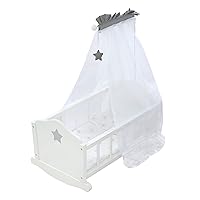 Roba Doll Cradle Set: Stella - Star, Gray & White - Includes Hanging Mobile, Pillow, Blanket & Canopy, Children's Pretend Play, Ages 3+