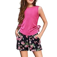 Arshiner Girls Summer Clothing Sets 2 Piece Outfits Knit Ruched Knot Side Tank Top and High Waist Shorts with Pockets
