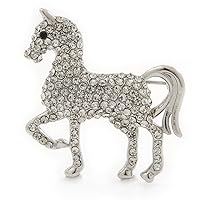 Small Silver Tone Austrian Crystal Horse Brooch - 38mm Width