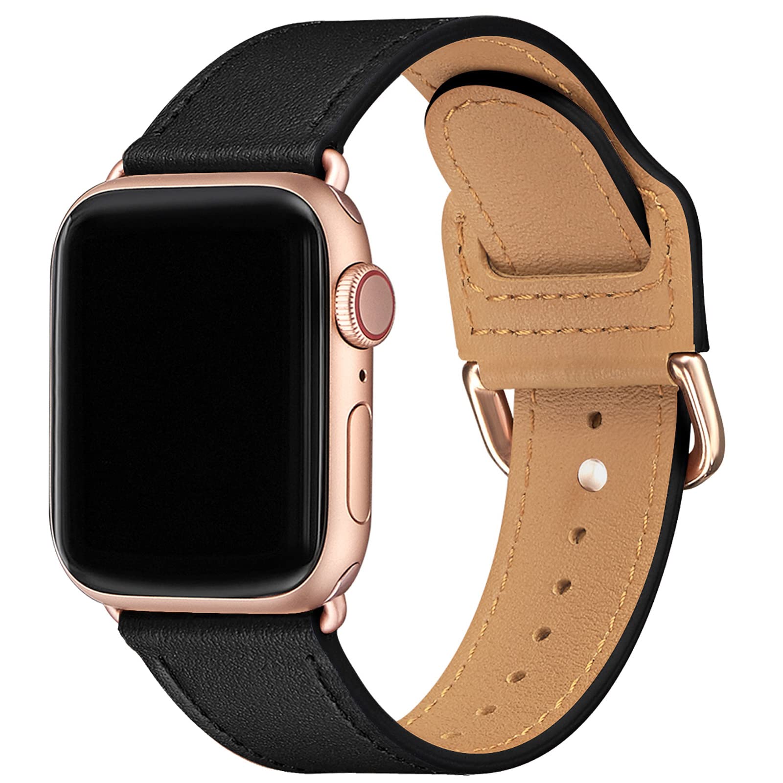 POWER PRIMACY Bands Compatible with Apple Watch Band 38mm 40mm 41mm 42mm 44mm 45mm 49mm, Top Grain Leather Strap Compatible for Men Women iWatch Series 8 7 6 5 4, SE (Black/Rosegold)