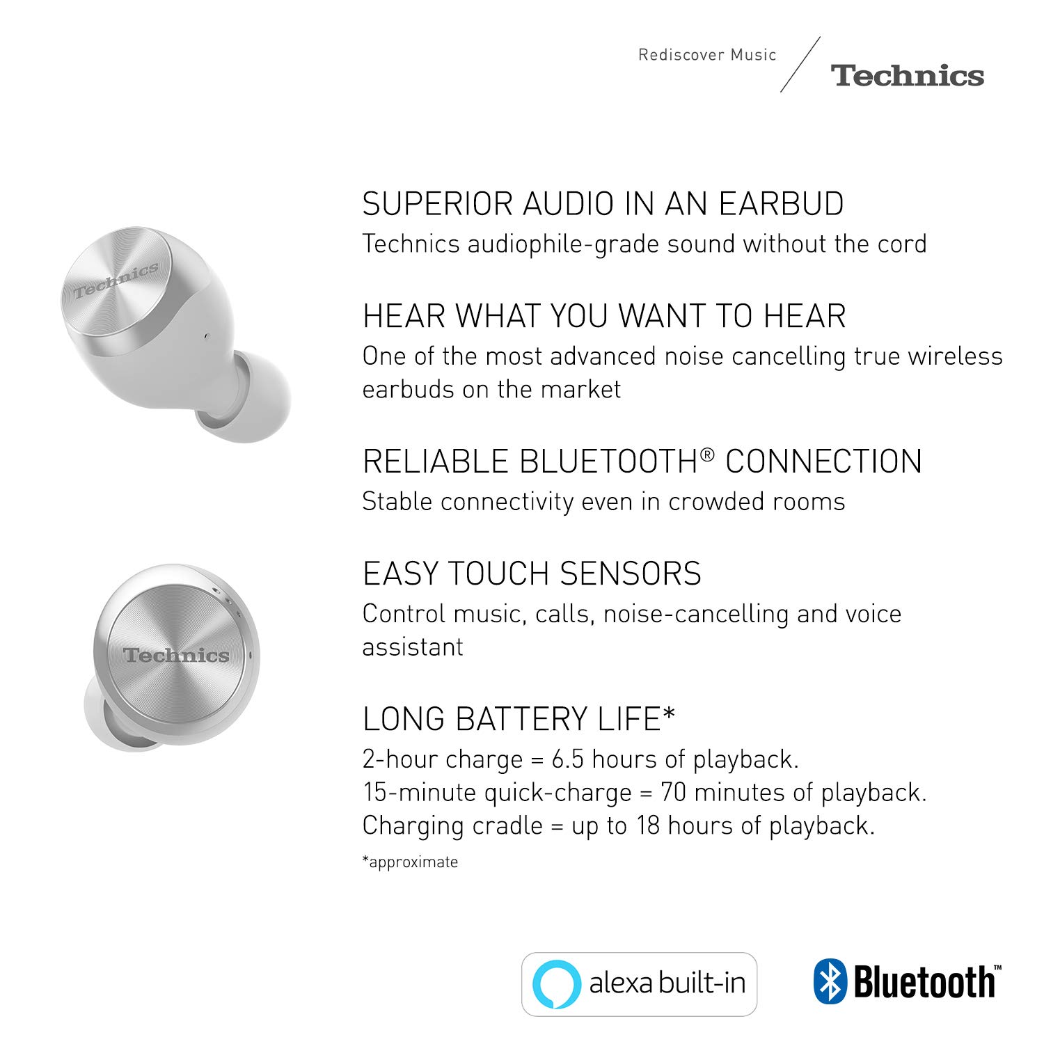 Technics True Wireless Earbuds | Bluetooth Earbuds | Dual Hybrid Technology, Hi-Fi Sound, Compact Design | Alexa Compatible |(EAH-AZ70W-S), Silver (Discontinued by Manufacturer)