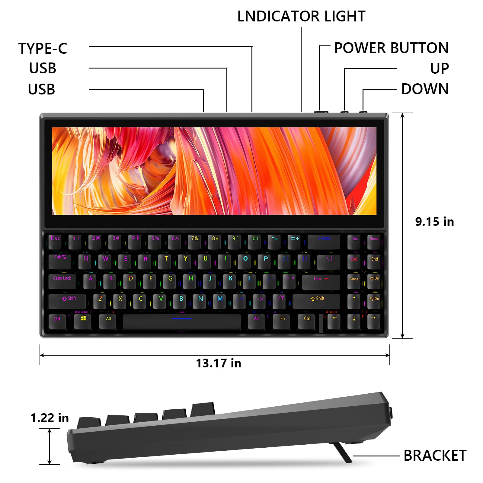 Mechanical Keyboard, Built-in 12.6 Inch Touchscreen, Compact 71 Keys RGB LED Backlit N-Key Multifunctional Split Screen Keyboard for Mac Windows Android - Black