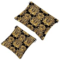 Golden Flower Geometric Pattern Pocket Cosmetic Bag, Waterproof Squeeze Makeup Bag No Zipper Self-Closing, Portable Mini Travel Storage for Headphones Jewelry