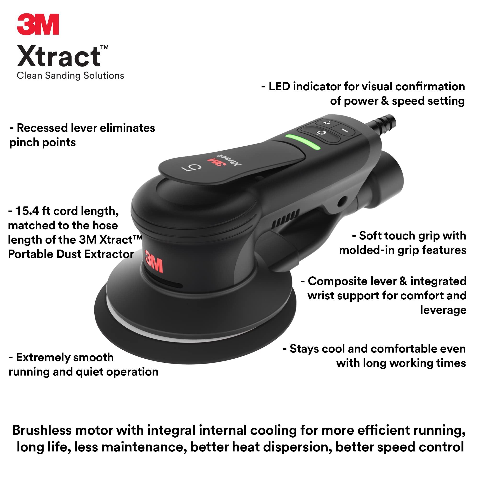 3M Xtract Electric Random Orbital Sander, Ergonomic and Lightweight ROS, 88762, 5 in, Central Vacuum, 3/32 in Orbit, 110V, 350W Motor, Metal Fabrication, Woodworking,Black