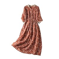 Women's Vintage Cotton Linen Dress Frill Trim 3/4 Sleeve Button Down Casual Midi Dresses Summer Loose Flowy Sundress