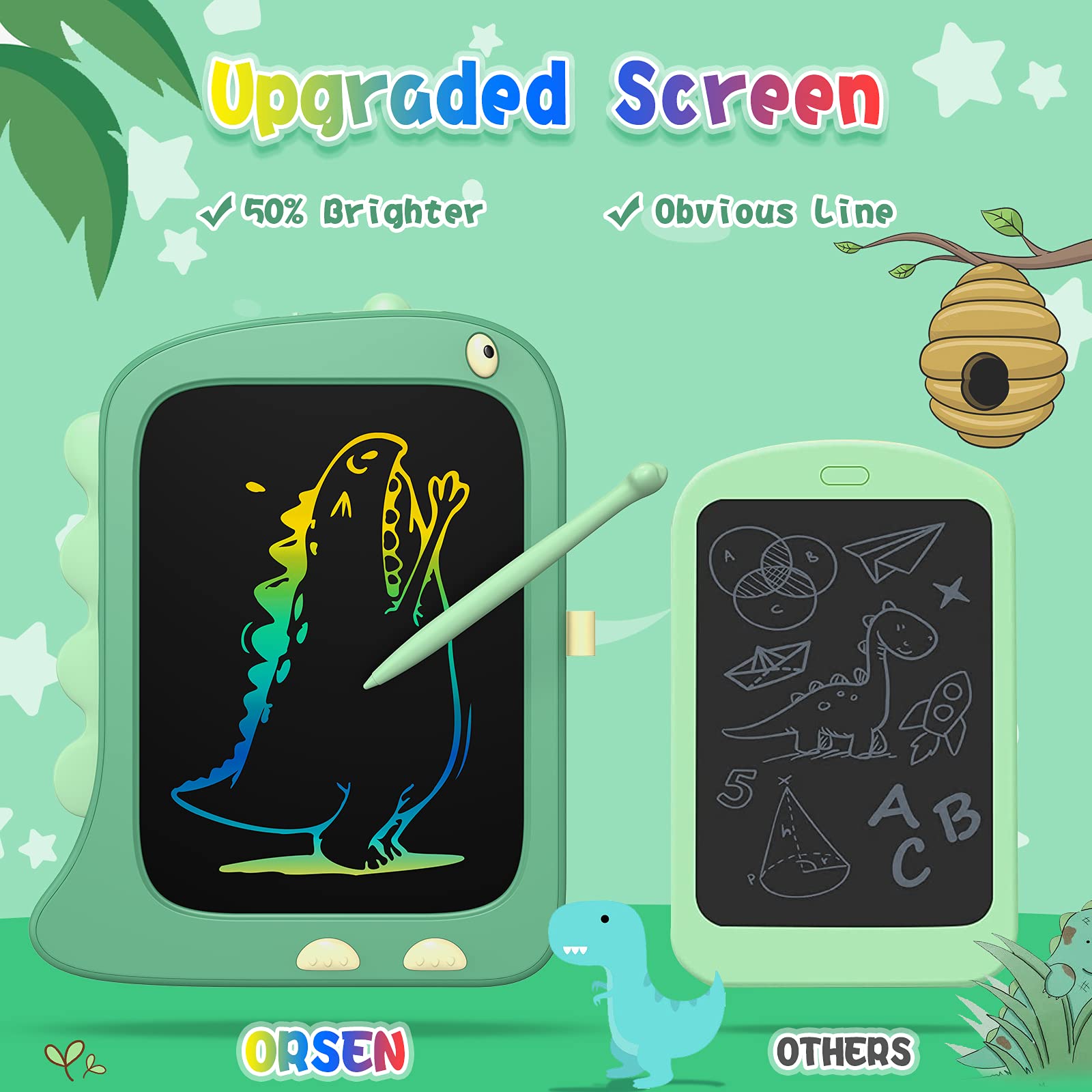 ORSEN LCD Writing Tablet Toddler Toys, 8.5 Inch Doodle Board Drawing Pad Gifts for Kids, Dinosaur Boy Toy Drawing Board Christmas Birthday Gift, Drawing Tablet for Boys Girls 2 3 4 5 6 Years Old-Green