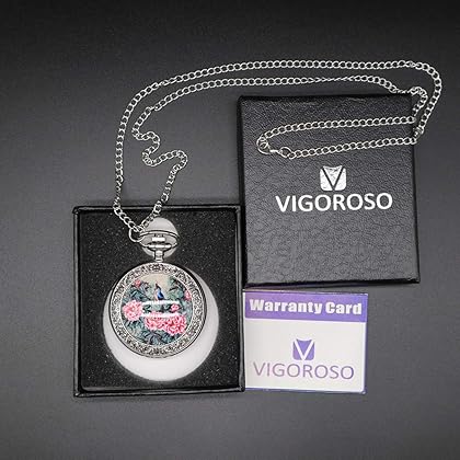 VIGOROSO Quartz Beautiful Peony Bird Enamel Painting Steampunk Silver Pocket Watches in Box