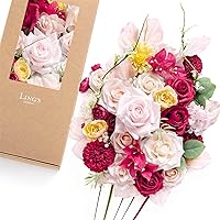 Ling's Moment Fake Flowers Box, Faux Artificial Greenery Stems Silk Roses Foam Dahlia for Wedding Decor Centerpieces Table Decorations Floral Picks Arrangements, Hot Pink & Blush, Deluxe Combo