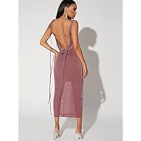 Summer Dresses for Women 2022 Tied Shoulder Backless Glitter Dress (Color : Dusty Pink, Size : M)
