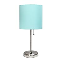 Simple Designs LT2044-AQU Brushed Steel Stick Table Desk Lamp with USB Charging Port and Drum Fabric Shade, Aqua Shade