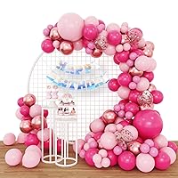 RUBFAC 160pcs Pink Balloon Arch Garland Kit and Pre-Strung Iridescent Happy Birthday Banner for Birthday Shower Princess Theme Party Background Decorations