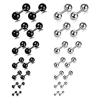 Tornito 14 Pairs Stainless Steel Ball Stud Earrings Barbell Cartilage Tragus Helix Ear Piercing For Men Women 2-8mm Silver Black