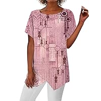 Women's Summer Tops 2023 Retro Flower Print Short Sleeve Casual Basic Round Neck Irregular Hem T-Shirt Tops, S-3XL