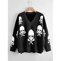 Casual Ladies Comfortable Plus Size Sweater Plus Skull Pattern Drop Shoulder Sweater Leisure Perfect Comfortable Eye-catching (Color : Black, Size : X-Large)