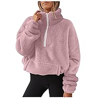 Women Half Zip High Neck Fuzzy Fleece Sweatshirts Drop Shoulder Long Sleeve Soft Pullover with Pockets Fuzzy Tops