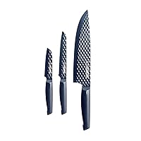 Blue Diamond Sharp Stone Nonstick Stainless Steel Cutlery, 3 Piece Set including Chef Serrated and Pairing Knives with Covers, Diamond Texture Blade, Dishwasher Safe, Blue