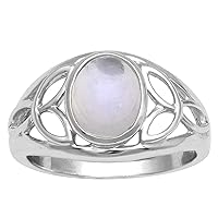 8X6 MM Oval Cabochon Rainbow Moonstone Celtic Hollow 925 Sterling Silver Ring