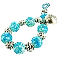 Linpeng Glass Beads & Flower Spacers Fancy Button Toggle Bracelet, Grain Patterned Turquoise