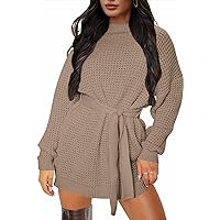 ZESICA Women's 2024 Fall Long Sleeve Solid Color Waffle Knitted Tie Waist Tunic Pullover Sweater Dress,Khaki,Large