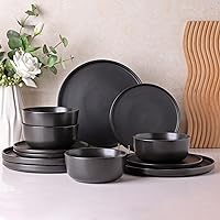 AmorArc Stoneware Dinnerware Sets of 4,Reactive Ceramic Plates and Bowls Set,Highly Chip and Crack Resistant | Dishwasher & Microwave Safe | Round Dishes Set Service for 4 (12pc)-Matte Black