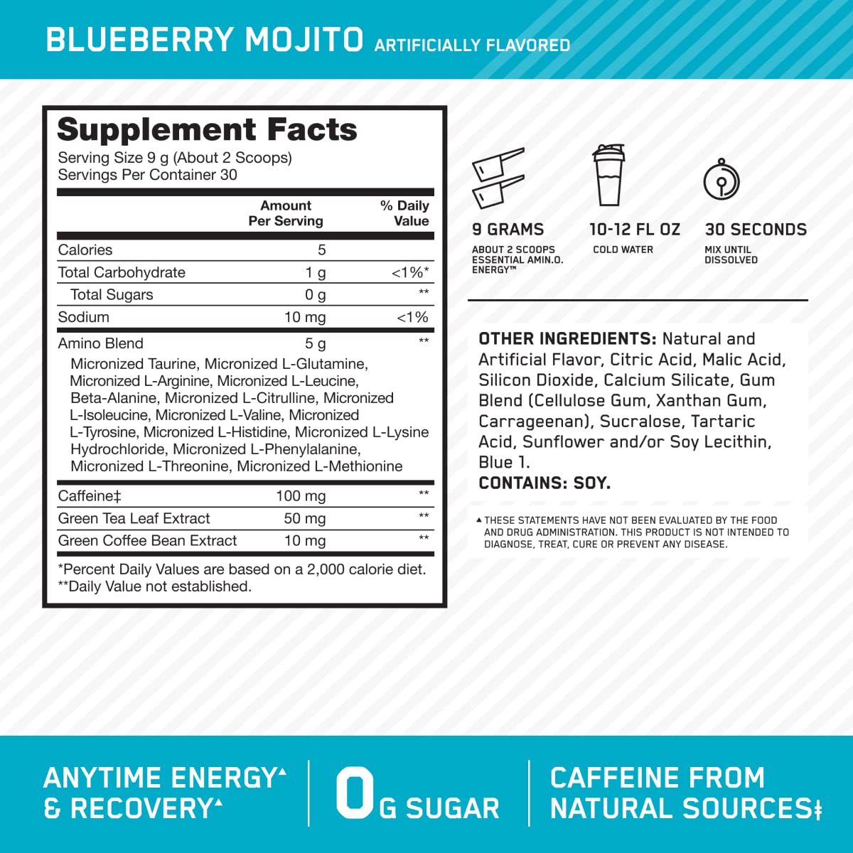 Optimum Nutrition Amino Energy - Pre Workout with Green Tea, BCAA, Amino Acids, Keto Friendly, Green Coffee Extract, Energy Powder - Blueberry Mojito, 30 Servings (Packaging May Vary)