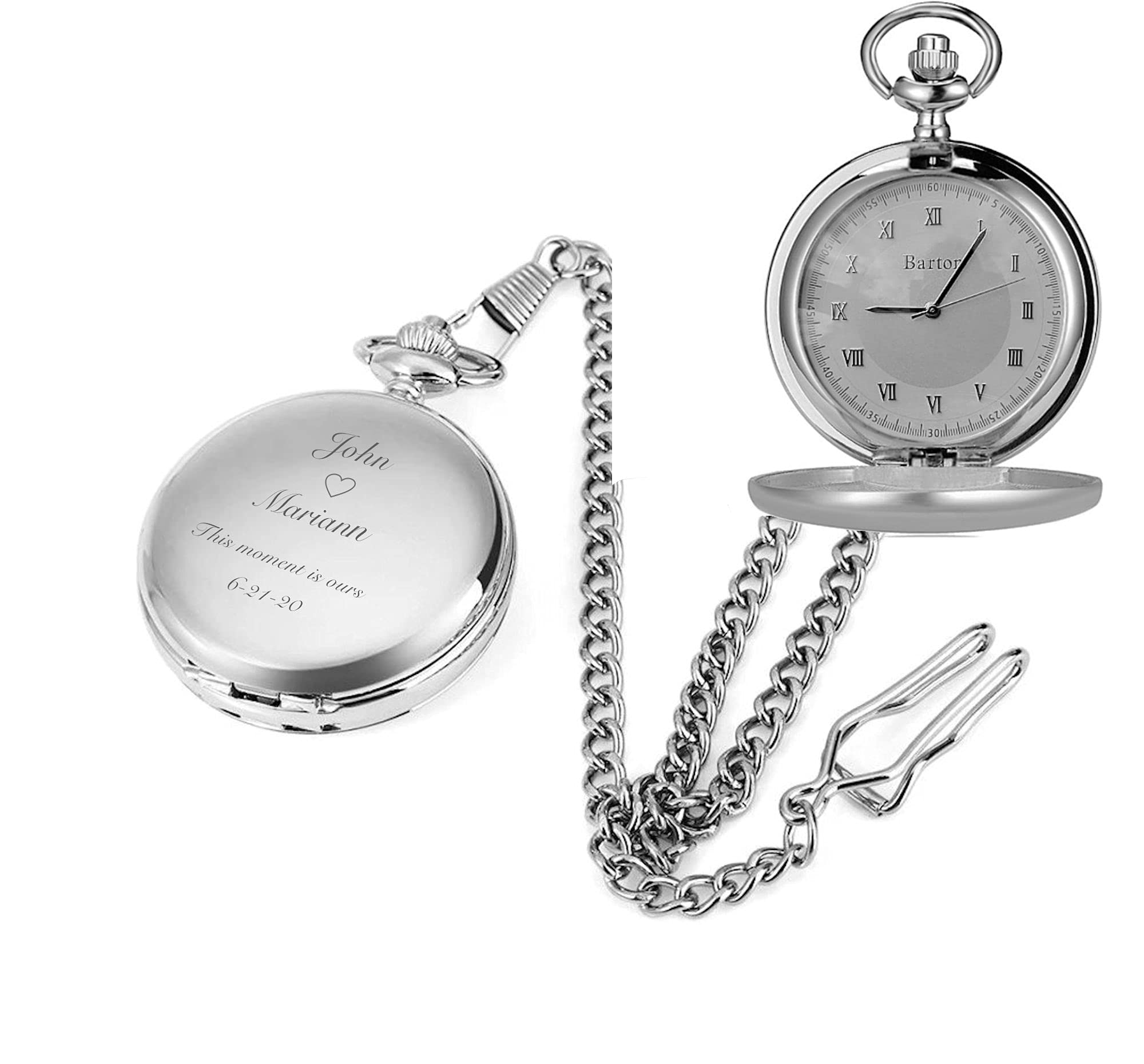 A&L Engraving Personalized Men's Stainless Steel Pocket Watch with Glass Cover and Chain Custom Engraved Free - Ships from USA,silver(PW-10)