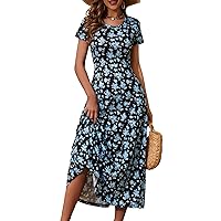ZABERRY Women's 2024 Short Sleeve Round Neck Casual Summer Flowy Maxi Spring Dresses with Pockets