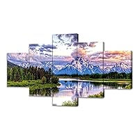 SKASNFAI 5 Pieces Mountain Grand Teton Canvas Paintings Nature Scenery Pictures Posters American National Park Landscape Wall Art Framed Decor Ready to Hang (60Wx32H)