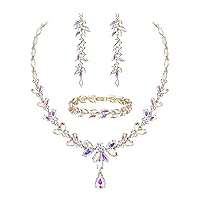 EVER FAITH Austrian Crystal Bridal Jewellery Set, Elegant Marquise Rhinestone Leaf Necklace with Dangling Earrings, Tennis Bracelet Set