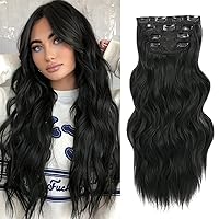 NAYOO Black Clip In Hair Extensions 4Pcs Wavy Curly Hair Extensions Synthetic Fiber Double Weft Soft Hairpieces For Women