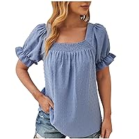 Swiss Dot Blouses for Women Dressy Casual Puff Short Sleeve Shirred Trim Square Neck Pleated Tops Summer Loose Pom Pom Shirts