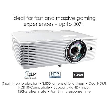 Optoma GT1080HDR Short Throw Gaming Projector | Enhanced Gaming Mode for 1080P 120Hz Gaming at 8.4ms | 4K UHD Support | Play HDR for 4K and 1080P | High 3800 lumens for Day & Night Gaming, White