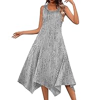 Summer Dresses for Women 2024 Casual Round Neck Sleeveless Print Irregular Hem Midi Dress