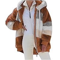 Winter Coats Women Fuzzy Fleece Jacket Hooded Color Block Drawstring Zip Up Coats Overszied Outerwear with Pockets