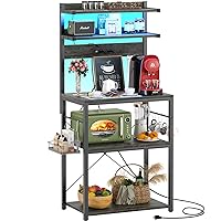 Aheaplus Bakers Rack with Power Outlet, Microwave Stand, 5 Tiers Coffee Bar Station with Led Lights, Kitchen Storage Shelf with 6 S-shaped Hooks, Kitchen Rack for Spices, Pots and Pans, Grey Oak