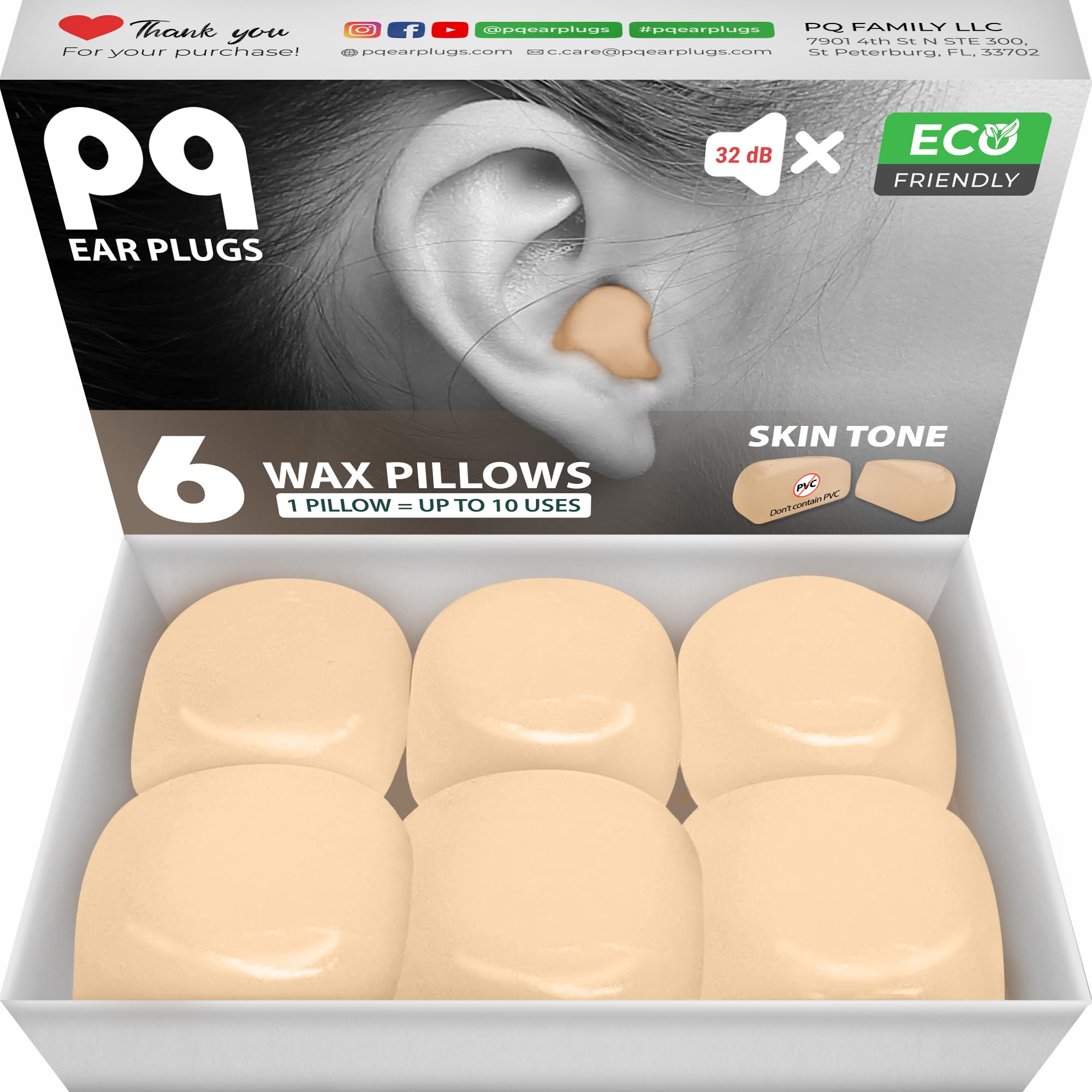 PQ Wax Ear Plugs for Sleep - 6 Beige Silicone Wax Earplugs for Sleeping and Swimming - Gel Ear Plugs for Noise Cancelling, Ear Protection - Sleeping Earplugs with Sound Blocking Level 32Db, 6-Pillows