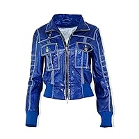DX Women's Genuine Lambskin Leather Jacket Sport Style Short Jacket Blue KKLK-0001a