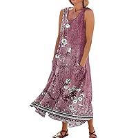 Linen Dress for Women Summer Floral Dress for Women 2024 Summer Bohemian Print Casual Loose Fit with Sleeveless U Neck Linen Dresses Purple X-Large