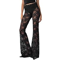Sunloudy Women Lace Bell Pant Sexy See Through Flare Bottom Leggings Hollow Out Mesh Cover Up Trousers