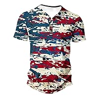 Mens 4th of July Henley Shirt American Flag Print Patriotic Short Sleeve T-Shirt Button V Neck Hipster Baseball Tops