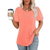 3/4 Length Sleeve Womens Tops,Womens Tops Scooped Neck Pleated Solid Color Elegant Tunic Blouse 2024 Summer Short Sleeve Loose Fit Shirts V Neck Short Slevve Top Women