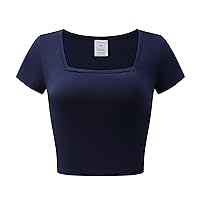 OThread & Co. Women's Short Sleeve Square Neck Crop Top Basic Comfy Stretch Tee