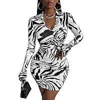 Verdusa Women's Zebra Print Ruched Collar Neck Bodycon Long Sleeve Mini Dress