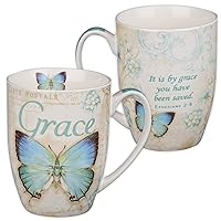 Christian Art Gifts Ceramic Coffee Mug for Women 12 oz Blue Butterfly and Floral Bible Verse Mug - Grace - Ephesians 2:8 Microwave and Dishwasher Safe Novelty Scripture Drinkware